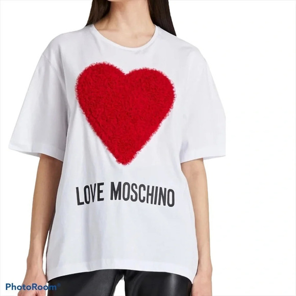 Love ❤️ Moschino red  heart white T-shirt floral tulle Sz L - Picture 1 of 15
